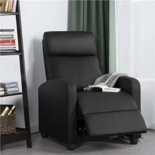 Alden Design Faux Leather Push Back Theater Recliner Chair with Footrest, Black living room furniture